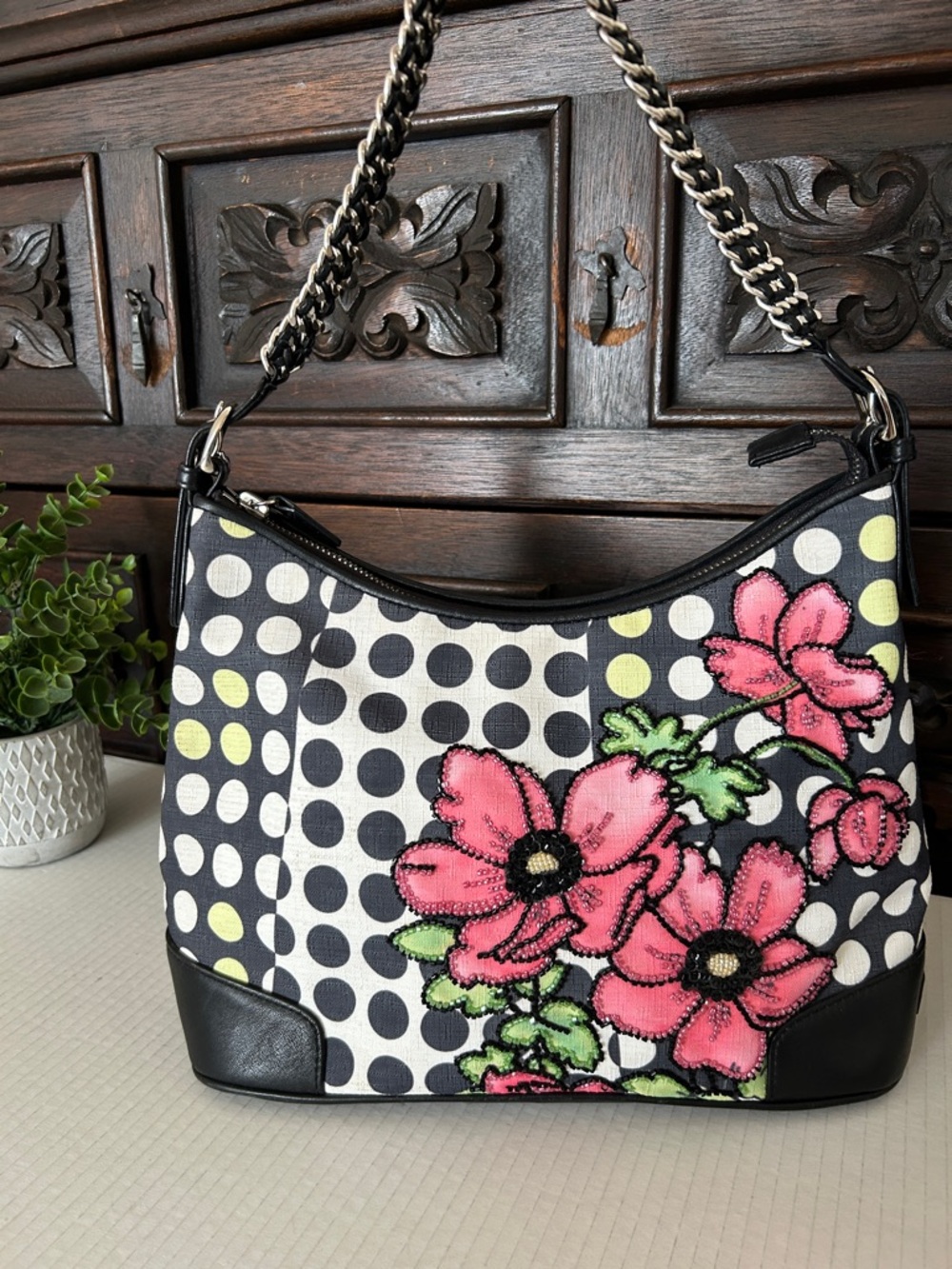 Isabella Fiore Black Polka Dot Floral Shoulder Bag - Pink Flower Accent